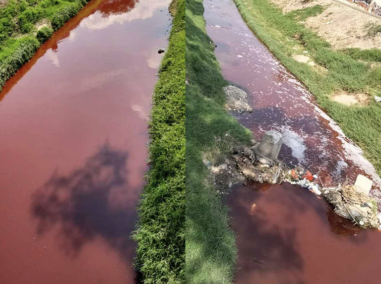 Contaminación habría generado aguas rojas en el canal El Arenal en Querétaro.