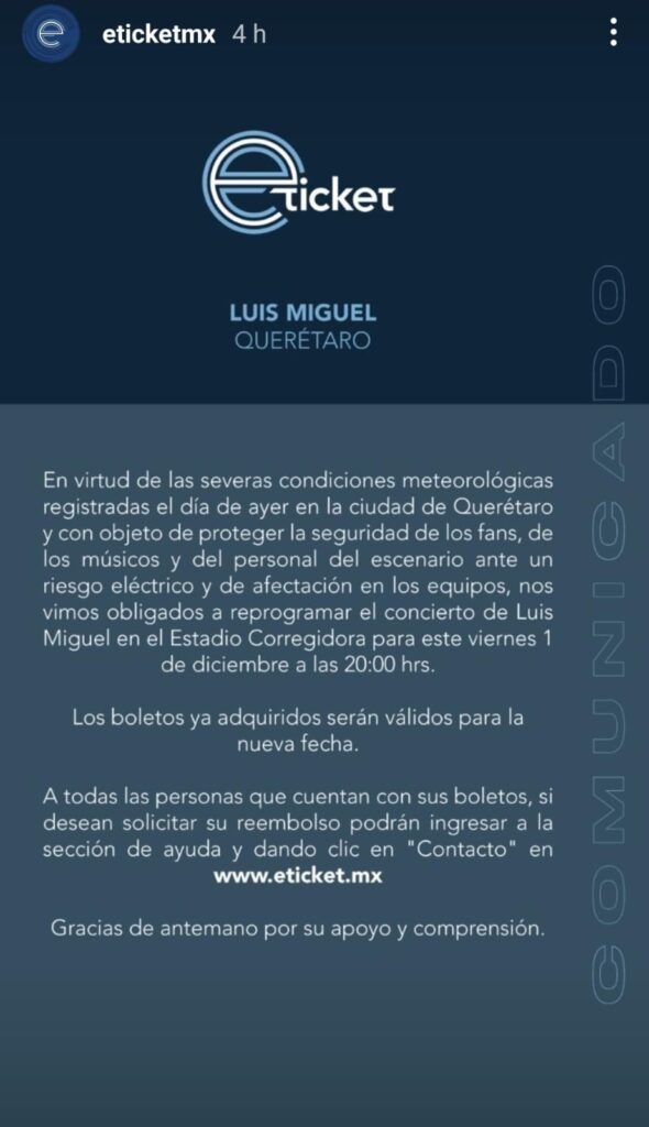Actualización cancelación concierto de Luis Miguel