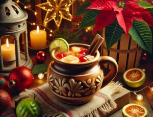 Una escena festiva con un ponche navideño servido en una taza de cerámica, destacando frutas como tejocote y guayaba. El entorno incluye iluminación cálida, nochebuenas y decoración rústica para un ambiente navideño acogedor. Imagen para ilustrar un artículo en el cual Ricardo José Haddad Musi resalta la riqueza de la gastronomía mexicana en Navidad. La imagen se elaboró con Inteligencia Artificial.