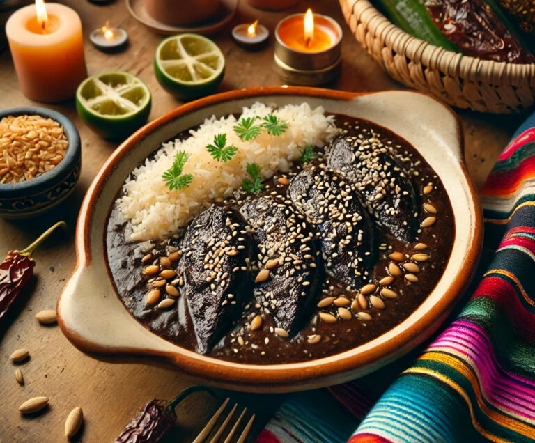 Una vista detallada de un mole poblano presentado en un plato de cerámica mexicana, decorado con semillas de ajonjolí y acompañado de arroz. El fondo incluye velas y textiles coloridos que añaden calidez a la escena festiva. Imagen generada con Inteligencia Artificial para ilustrar un artículo en el cual Ricardo José Haddad Musi resalta la riqueza de la gastronomía mexicana en Navidad.