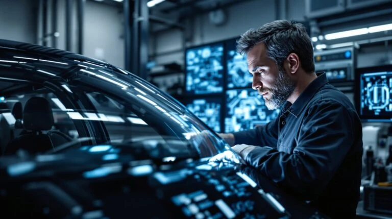 Técnico de Shel-Ha Soluciones inspeccionando el parabrisas de un vehículo blindado bajo luz fría en taller moderno, garantizando la integridad del blindaje.