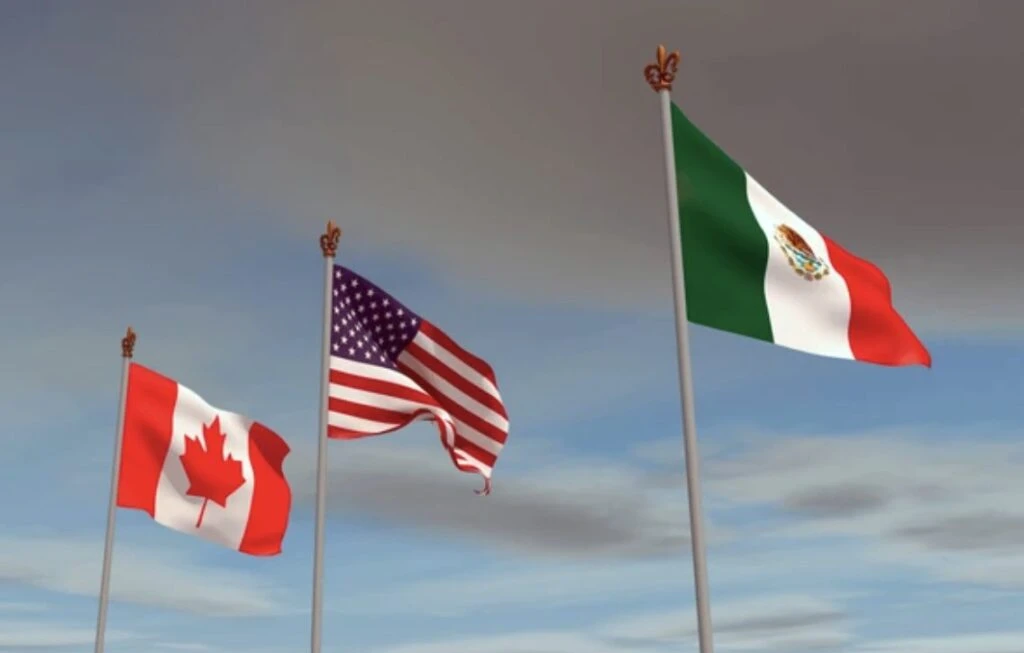 Ilustración de los tres países del T-MEC simbolizando cooperación y tensiones laborales, según lo explica Alejandro Martínez Araiza.