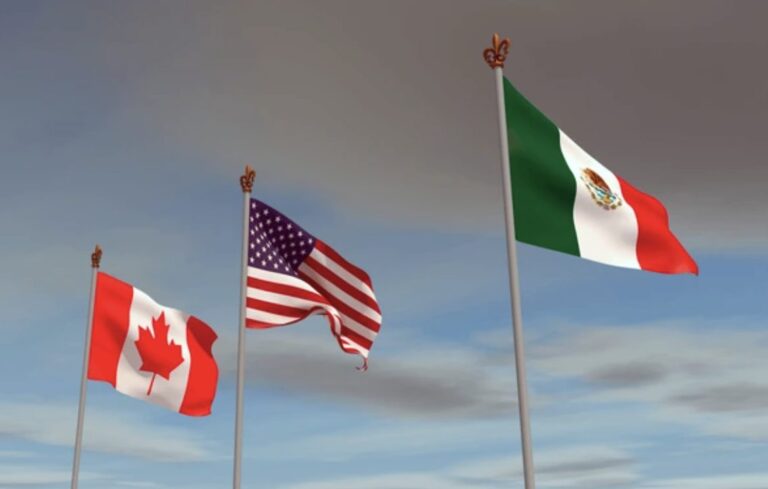 Ilustración de los tres países del T-MEC simbolizando cooperación y tensiones laborales, según lo explica Alejandro Martínez Araiza.