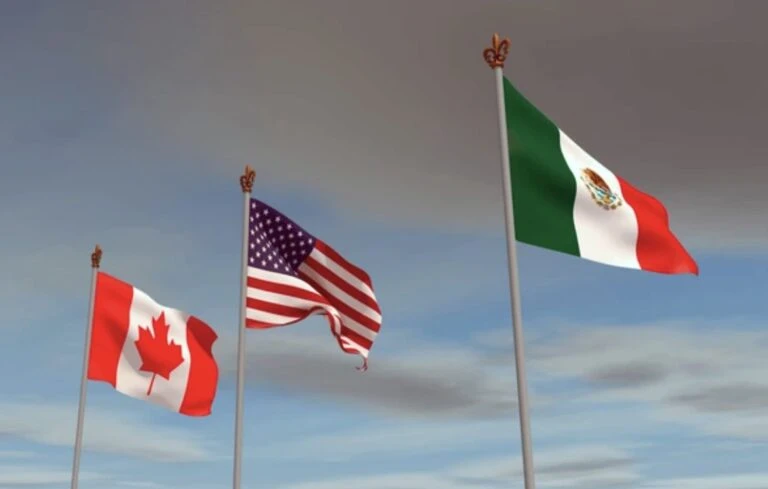 Ilustración de los tres países del T-MEC simbolizando cooperación y tensiones laborales, según lo explica Alejandro Martínez Araiza.