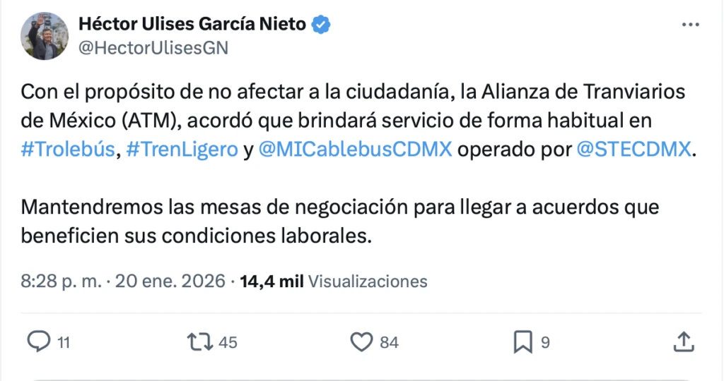el secretario de Movilidad de la Ciudad de México, Héctor Ulises García Nieto, desactivó la huelga que planeaban realizar los trabajadores del Servicio de Transportes Eléctricos.