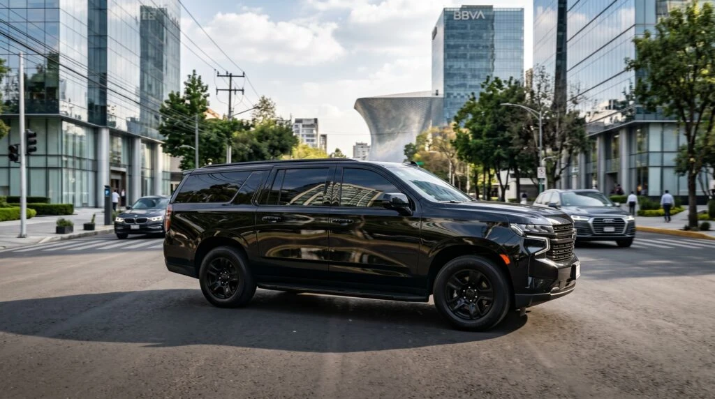 SUV blindada de Shel-Ha Soluciones circulando en avenida de Ciudad de México con edificios corporativos, como parte de servicios de movilidad segura rumbo al Mundial 2026